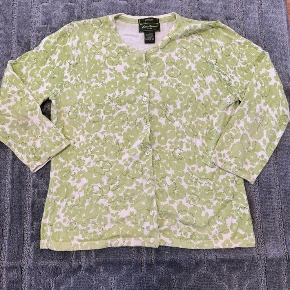 Eddie Bauer Women’s Green and White Floral Cardigan 3/4 Sleeve Stretch Medium